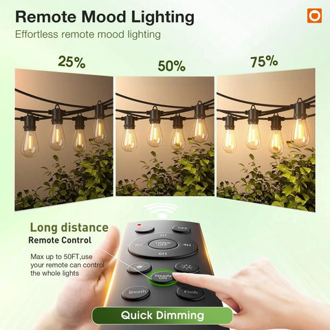 Remote control showing dimming feature on 200Ft LED Outdoor String Lights With Remote Dimming Timer And 3 Lighting Modes 64 Shatterproof Edison Bulbs Waterproof Connectable Patio Lights For Backyard Porch Or Outdoor Parties For Chill Vibes