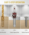 Premium Countersink Drill Bit Set With 82 Degree, Five Flutes, Quick Change Hex Shank, showing three-step operation on wood
