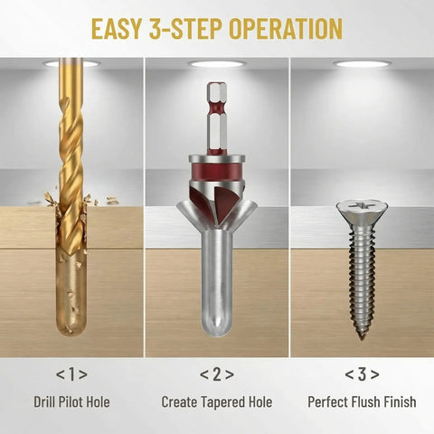 Premium Countersink Drill Bit Set With 82 Degree, Five Flutes, Quick Change Hex Shank, showing three-step operation on wood