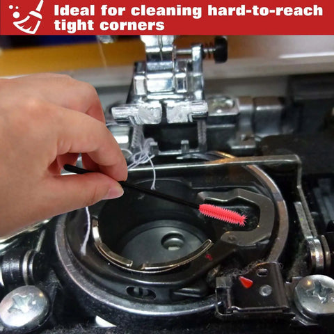 Using a silicone bristle brush from All In One Sewing Machine Cleaning Kit With 35 Pieces Including Silicone Bristle Brushes In Tower Sphere Knife And Pineapple Shapes Plus Seam Rippers Slotted And Phillips Screwdrivers Bent And Straight Tweezers Lint Brush For DIYers to clean sewing machine
