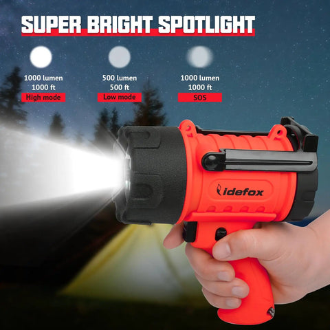 Person holding Rechargeable 1000 Lumen Spotlight Flashlight With 3 Modes High Low Strobe Beast Bright Searchlight And Flood Light