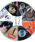 Circular collage showing 10 Pack Spring Hitch Cotter Hair Pins and White Zinc Plated Retaining Wire Clips in various applications.