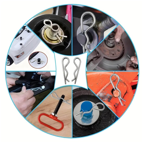 Circular collage showing 10 Pack Spring Hitch Cotter Hair Pins and White Zinc Plated Retaining Wire Clips in various applications.