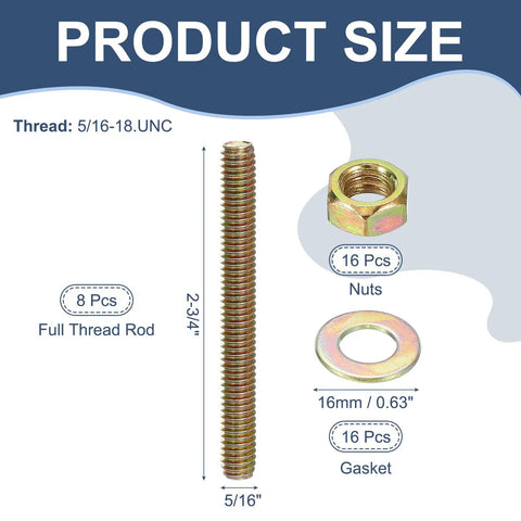 Heavy Duty 5/16 Inch Diameter 2-3/4 Inch Long Zinc Plated Fully Threaded Rods Set With 8 Pieces, 16 Washers And 16 Nuts