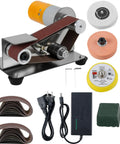 Pro Grade Mini Belt Sander, Electric Knife Sharpener, compact with accessories for various sanding tasks in crafts.