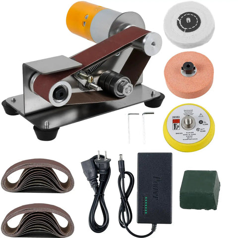 Pro Grade Mini Belt Sander, Electric Knife Sharpener, compact with accessories for various sanding tasks in crafts.