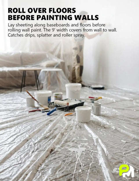 Massive Ultra Clear Painter Plastic Roll 9 By 400 Feet 0.31 Mil HDPE Sheeting With Hassle Free Dispenser Box on the floor shielding against paint.