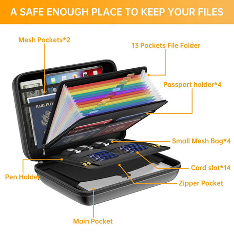 Rugged Hard Shell Fireproof File Organizer With Lock 13 Pocket Accordion Folder Portable Safe Storage For Important Documents And Laptop Black Ideal For Home Office Travel And Laptop Protection On The Go open view showing organized pockets for documents, cards, and pens.