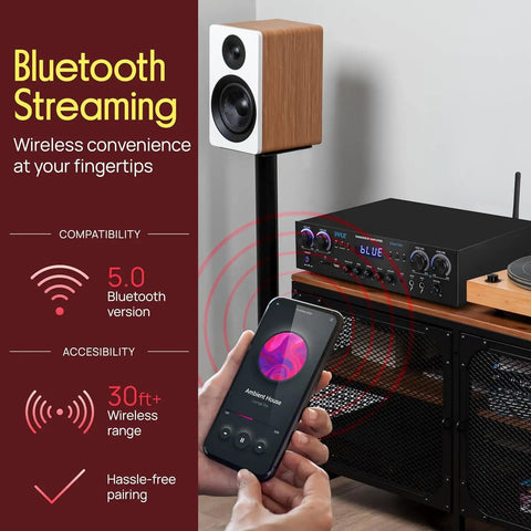 Home Stereo Receiver With Bluetooth 800W Peak Power 4 Channel Amplifier And USB MP3 Player displayed with smartphone
