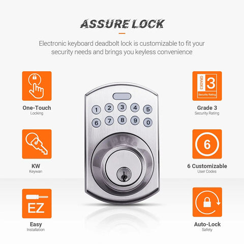 Keypad Deadbolt With Handle And Polo Knob Keyless Electronic Door Lock With One Touch Motorized Locking Auto Locking DIY Friendly Install Satin Nickel Finish Single Cylinder Front Door Lock ANSI Grade Three Security