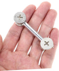 Hand holding part of 20 Sets Furniture Connecting Cam Fittings Kit Connectors Dowels For Cabinets, Easy Installation, Strong Load Bearing.