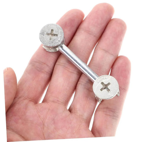 Hand holding part of 20 Sets Furniture Connecting Cam Fittings Kit Connectors Dowels For Cabinets, Easy Installation, Strong Load Bearing.