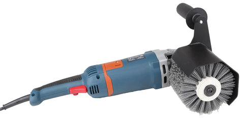 Heavy Duty Synthetic Fiber Abrasive Brush Drum For Grinding Machines Rust Removal Satin Finish On Unpainted Metals Flat Metal And Wood Surfaces Wire Drawing Attachment 120x100mm in use