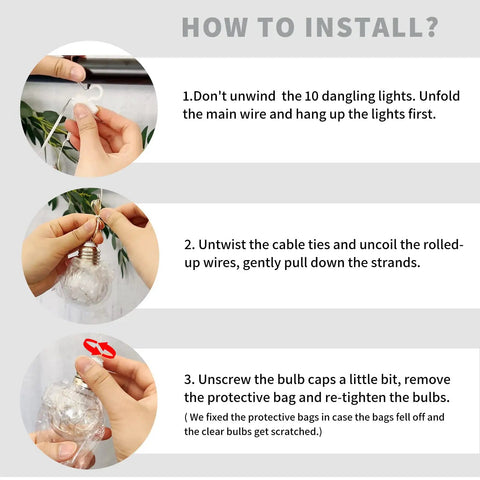 Installation guide for Warm White 200 LED Wishing Ball Window Curtain Lights with remote USB battery powered setup steps