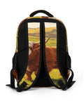 White Face Highland Cattle Pasture Print Backpack for Everyday Use showing back straps detail, unisex large capacity daypack