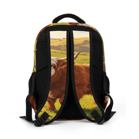 White Face Highland Cattle Pasture Print Backpack for Everyday Use showing back straps detail, unisex large capacity daypack