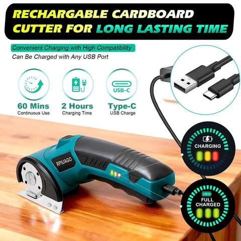 Cordless Electric Cardboard Cutter Scissors With 3000 Mh Battery charging with USB Type C cable on a wooden surface.
