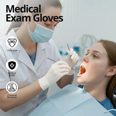 Woman wearing Straight Up Reliable Disposable Nitrile Exam Gloves, White Powder Free Build, Rock Solid 3 Mil coverage during dental exam.