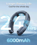 Portable Neck Air Conditioner Fan 2026 Upgrade With Three Cooling Plates Long Battery Life Bladeless Personal Cooling Device Rechargeable For Travel Office Outdoor Three Modes 360 Degree Cooling in black with 6000mAh battery and 24-hour life shown.