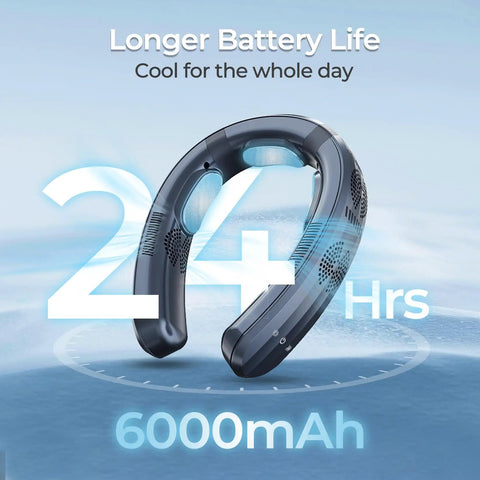 Portable Neck Air Conditioner Fan 2026 Upgrade With Three Cooling Plates Long Battery Life Bladeless Personal Cooling Device Rechargeable For Travel Office Outdoor Three Modes 360 Degree Cooling in black with 6000mAh battery and 24-hour life shown.