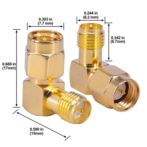 2 Pack SMA 90 Degree Right Angle Adapter Male SMA To RPSMA Female Coax Connector Gold Plated 50 Ohm Pro Grade Ultra Low Loss RF Elbow
