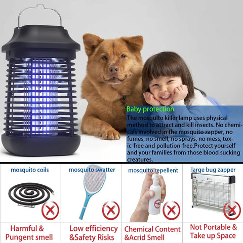 Outdoor And Indoor Bug Zapper With 3 Meter Cord And On Off Switch, 4200V Electric Mosquito Zapper For Home Backyard And Patio next to a dog and child