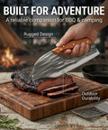 Do It All Hand Forged Chef Knife And Cleaver Set With Carbon Steel Blades slicing meat on wooden board, outdoor BBQ.