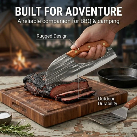 Do It All Hand Forged Chef Knife And Cleaver Set With Carbon Steel Blades slicing meat on wooden board, outdoor BBQ.
