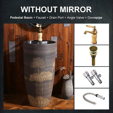 Super Chic Handmade Vessel Sink With Faucet And Drain Overflow Basin For Indoor Outdoor Bathroom Vanity Top Hella Easy Setup, pedestal basin with decorative lotus design.