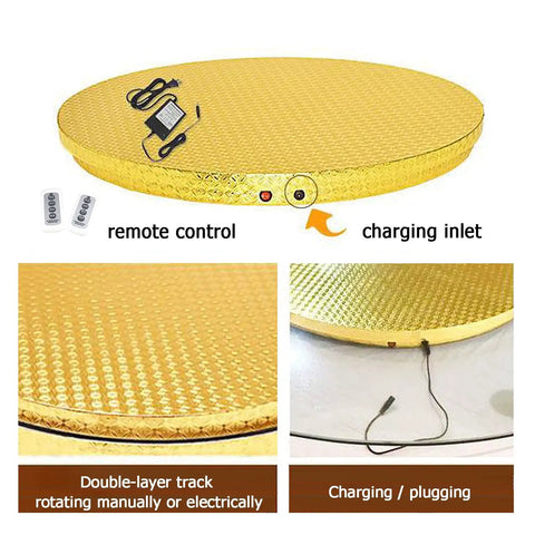 Motorized Swivel Turntable With Remote Control, 360 Degree Rotating Display Stand, gold surface, charging inlet detail