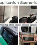 Rugged Heat Shield Board for stoves and refrigerators, tough as nails, waterproof, and oil-resistant, in various kitchen settings.