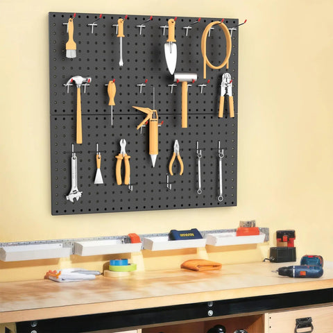 Heavy Duty Metal Pegboard Panels For Wall Garage Gear Storage And Organization Durable Steel Pegboard For Garage Workbench Modular Tool Organizer Board Pack Of 2 In Black installed with tools