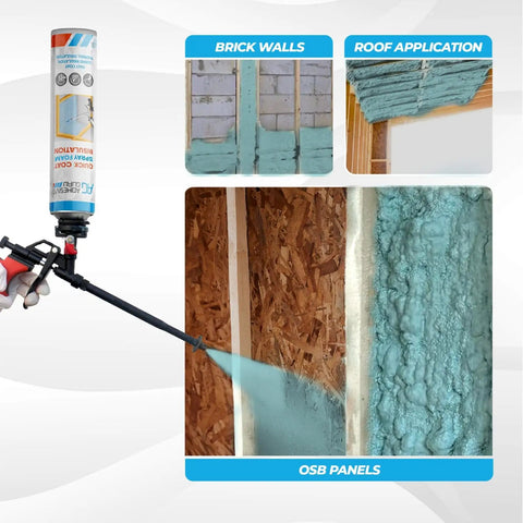Closed Cell Spray Foam Insulation Kit Packs 36 Cans To Blanket 720 Sq Ft Walls Knock Out Drafts Seal Gaps Super Tight And Save Big On Energy Bills Arrives With Dispensing Gun Cleaning Solvent And Full Protective Gear For Stress Free Anytime Diy Fixes being applied to brick walls, OSB panels, and roof areas.