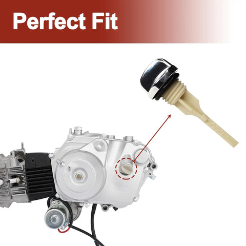Oil Dipstick Replacement For 50cc 70cc 90cc 110cc 125cc Horizontal Engines In ATVs Quads Go Karts Dirt Bikes And Motorcycles 68mm Deep Reach Accurate Oil Level Check Easy Install Durable Aftermarket Parts shown next to engine