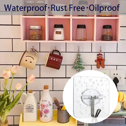 Heavy Duty 150 Pack Self Adhesive Wall Hooks Up To 24 Lb Each No Drill No Nails No Damage Transparent Reusable Hooks in kitchen
