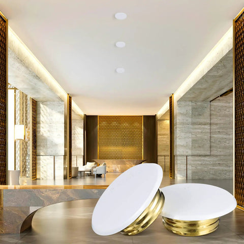 Premium White Ceiling Fire Sprinkler Cover Plates with gold accents in a modern interior setting, showcasing screw-on mounting.