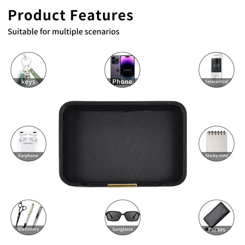 Lux Leather Valet Tray Desk Organizer And Nightstand Catchall Caddy For Jewelry, Watches, Keys, Phone, Wallet, Cosmetics, Remote, And Pen Water Resistant Anti Scratch Black showing product features and compatible items