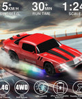 1:24 RC Drift Car 4WD With 2.4GHz Radio, 15 KMH Speed, LED Lights, on a track, showing drifting action, rechargeable batteries included