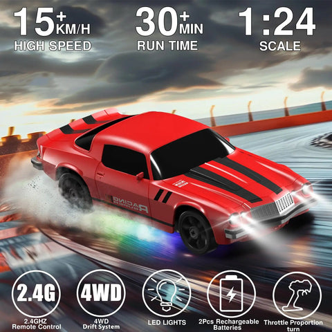 1:24 RC Drift Car 4WD With 2.4GHz Radio, 15 KMH Speed, LED Lights, on a track, showing drifting action, rechargeable batteries included