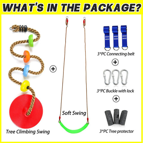 Two Pack Multicolor Rope Swing Set With Red Disc Seats And Platform Swing accessories including straps and carabiners