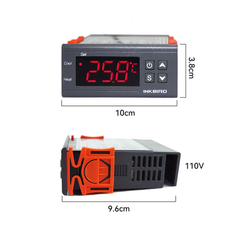 Front and side views of All Purpose Digital Temperature Controller Thermostat With Sensor And Two Relays Fahrenheit And Celsius Display