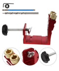 Pro Level Pocket Hole Drill Guide Jig For Woodworking Featuring Quick Release Clamps And Precision 15 Degree Angle Locator For Smooth Pocket Screw Assembly Zero Sweat Project with red housing and adjustable clamp.