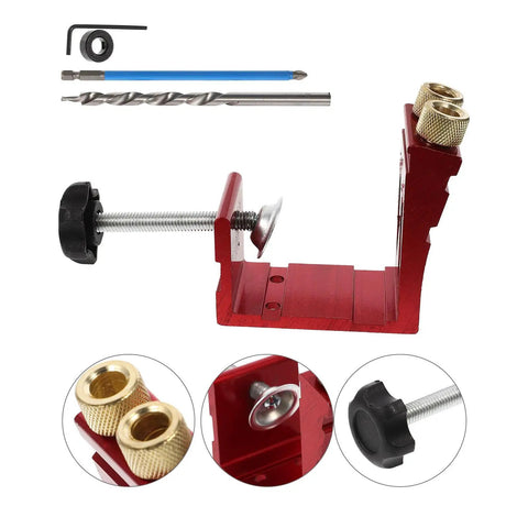 Pro Level Pocket Hole Drill Guide Jig For Woodworking Featuring Quick Release Clamps And Precision 15 Degree Angle Locator For Smooth Pocket Screw Assembly Zero Sweat Project with red housing and adjustable clamp.