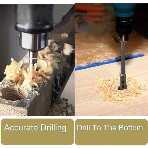 Ten Inch Alloy Steel Forstner Bit Extension Rod For 3/8 Inch Drills in action, deep drilling into wood with minimal debris.