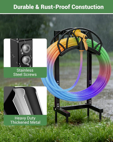 Heavy Duty Freestanding Garden Hose Reel Stand With Ground Spikes Detachable Metal Rack Holds Up To 160 Ft Of Hose in rain
