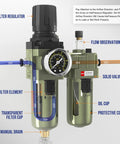 Three Eighths Inch NPT Air Regulator With Gauge And Water Separator Kit for Air Compressors, showing filter regulator components.