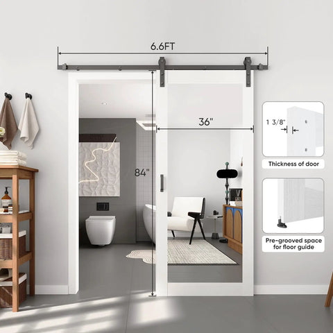 Image showing dimensions of Straight Glide 36 By 84 Inch Frosted Glass Barn Door With Heavy Duty Rolling Hardware Kit for interior use.