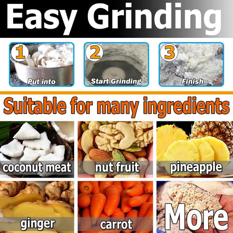 Process steps for using Heavy Duty Coconut Grinder Machine 500 Kg Per Hour For Commercial Use Pulper Pulverizer Cassava Potato Sweet Potato Root Veg Grinder With Stainless Steel Hopper 110V with images of compatible ingredients like coconut meat, nut fruit, pineapple, ginger, and carrot.