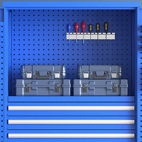 Multi Layer Metal Tool Cabinet With Dustproof Lockable Steel Tool Chest For Mechanic Workshop And Warehouse Garage Ready Spacious Storage Cabinet For Pro Grade Garage Organization And Heavy Duty Tool Storage, blue steel pegboard and drawers