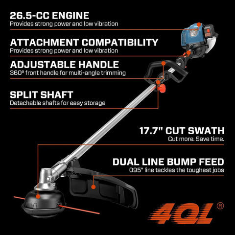 17 inch gas string trimmer with 26.5cc engine, adjustable handle, and split shaft, part of 22 Inch Self Propelled Gas Lawn Mower Kit